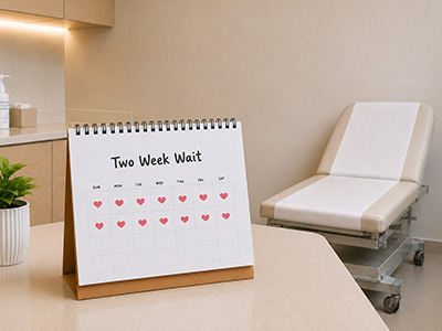 Two-week wait calendar with hearts in fertility clinic room